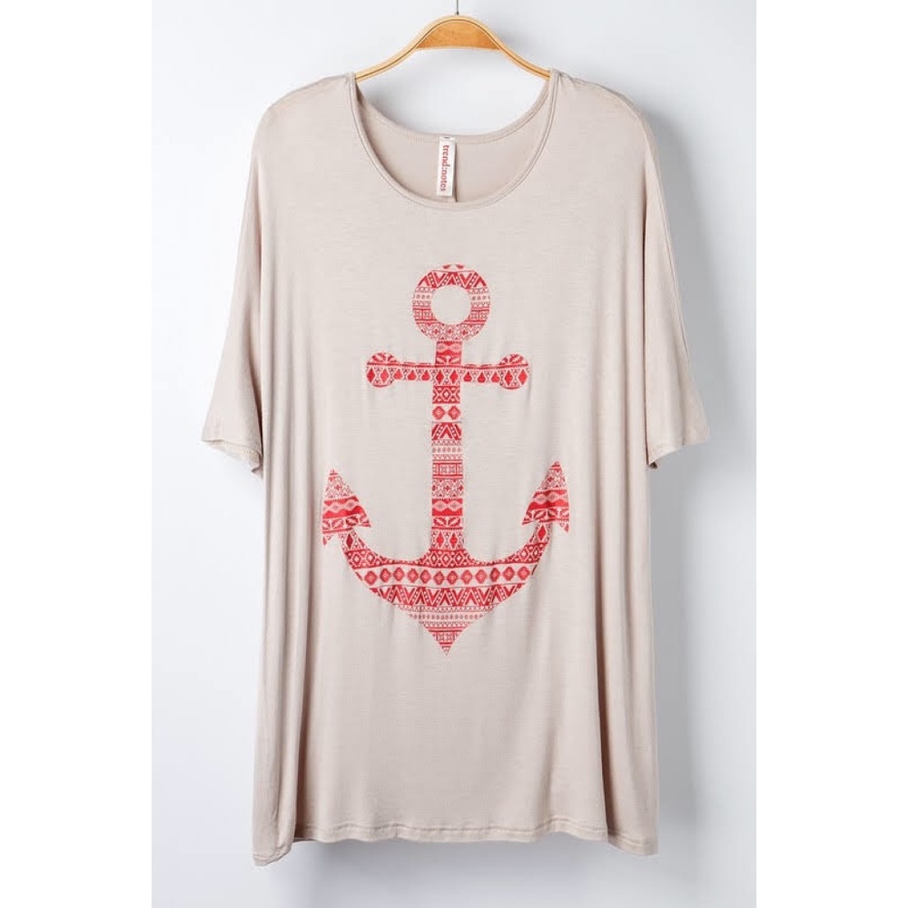 New Taupe Nautical Abstract Anchor Print T-Shirt